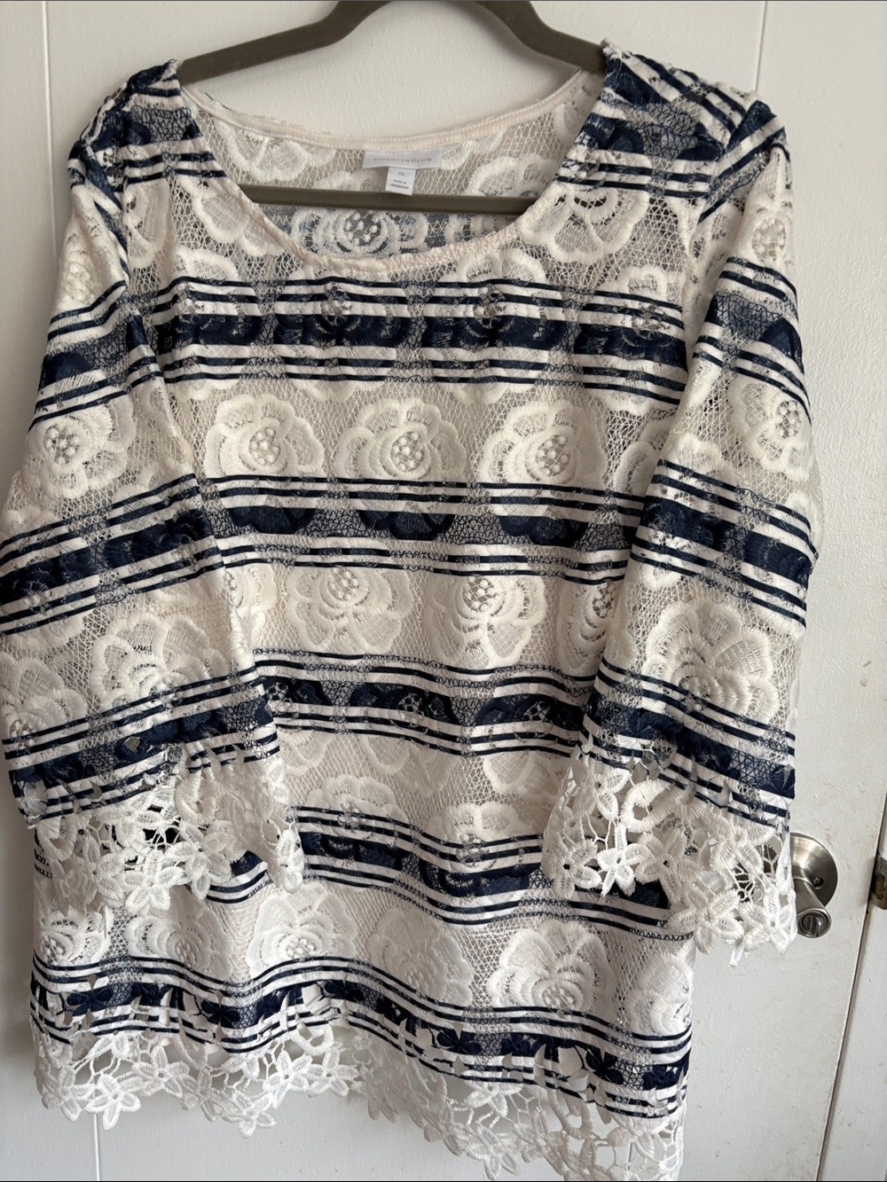Charter Club White and Navy Lace Striped Blouse
